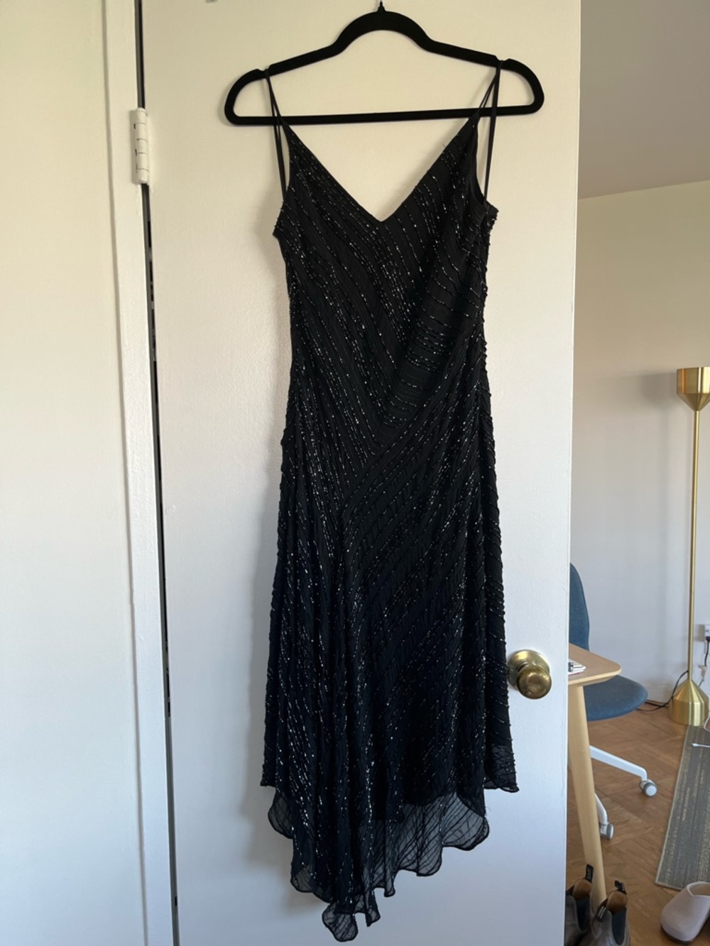 Y2K Vintage Ann Taylor Black Asymmetrical Beaded Silk Slip Dress - Picture 2 of 5